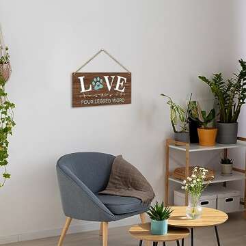 Love is a Four Legged Word Dog Lover Rustic Wooden Hanging Sign Decor, Front Door Wall Decor Sign Wood Plaque for Farmhouse Garden Home Porch Entryway, Pet Paw Hanging Wall Art Gift (1 pack)-09