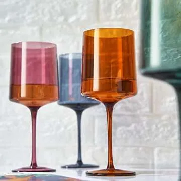 Khen - Colored Muted Colored Glasses - Water & Wine | Set of 4 | Pastel Muted Crystal Glassware, Goblet Cocktails, Red & White, Dinner Color - Stemmed Square Wine Glass Set 13.5oz