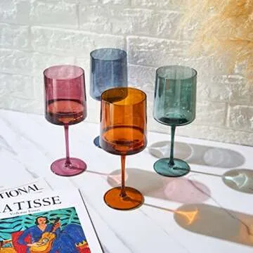 Khen - Colored Muted Colored Glasses - Water & Wine | Set of 4 | Pastel Muted Crystal Glassware, Goblet Cocktails, Red & White, Dinner Color - Stemmed Square Wine Glass Set 13.5oz