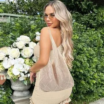 Stizimn Crochet Mesh Beach Tote Bag Shoulder Bag Handbags Knitting Hollow Summer Bag Hobo Bag Aesthetic for Women (Beige)