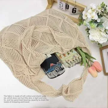 Stizimn Crochet Mesh Beach Tote Bag Shoulder Bag Handbags Knitting Hollow Summer Bag Hobo Bag Aesthetic for Women (Beige)
