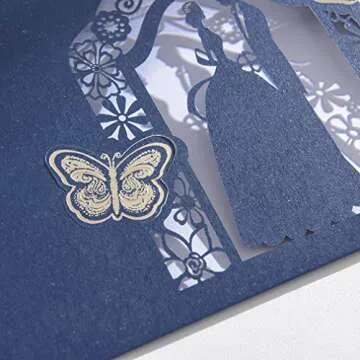 Jofanza 50PCS Laser Cut Floral Wedding Invitations with Butterfly and Envelopes 5" x 7.2" Navy Blue Butterfly Invites Cards for Wedding Engagement Anniversary