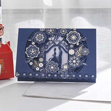 Jofanza 50PCS Laser Cut Floral Wedding Invitations with Butterfly and Envelopes 5" x 7.2" Navy Blue Butterfly Invites Cards for Wedding Engagement Anniversary