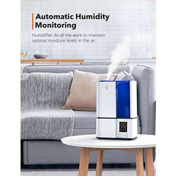TaoTronics Humidifiers, 4L Cool Mist Ultrasonic Humidifier for Bedroom Home Large Room Baby Room, Quiet Operation, LED Display with Humidistat, Waterless Auto Shut-off (1.06 Gallon, US 110V)