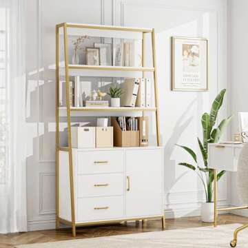HITHOS 69" Tall Bookshelf, White Gold 4-Tier Bookcase with Wooden Drawers and Ladder Shelves, Free S...