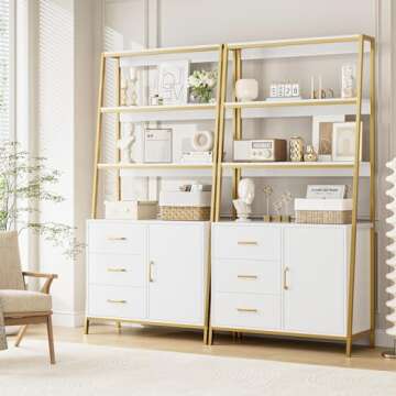 HITHOS 69" Tall Bookshelf, White Gold 4-Tier Bookcase with Wooden Drawers and Ladder Shelves, Free Standing Storage Cabinet Kitchen Bakers Rack with Microwave Oven Stand for Home Office