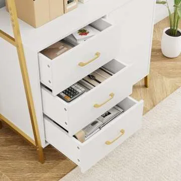 HITHOS 69" Tall Bookshelf, White Gold 4-Tier Bookcase with Wooden Drawers and Ladder Shelves, Free Standing Storage Cabinet Kitchen Bakers Rack with Microwave Oven Stand for Home Office