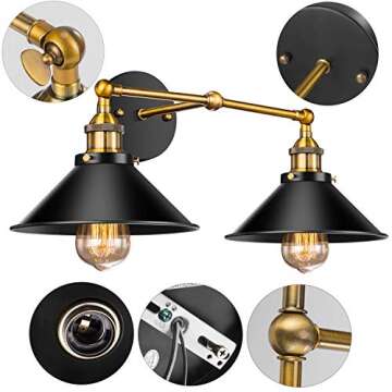 2-Light Bathroom Vanity Light Fixtures, Licperron Farmhouse Black Bathroom Light Over Mirror, Industrial Wall Sconces Vanity Lighting for Bathroom Kitchen Cabinet, Gold