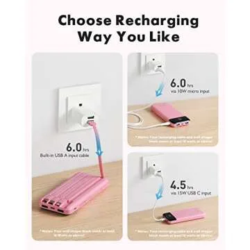 Portable Charger with Built in Cables, Portable Charger with Cords Wires Slim 10000mAh Travel Essentials Battery Pack 6 Outputs 3A High Speed Power Bank for iPhone Samsung Pixel LG Moto iPad