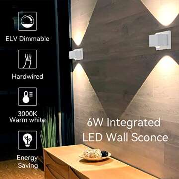 Tubicen Square LED Wall Sconces, Bright Indoor Up Down Wall Lights, 6W 3000K Modern LED Dimmable Wall Mount Lamp for Bedroom Hallway Stairway Home Theater, White