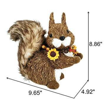 Nature Vibe 9 Inches Sisal Squirrel Decor with Fall Floral Garland for Fall Home Decor, Natural Woodland Animals Figurines as Harvest Festival Home Decorations or for Autumn