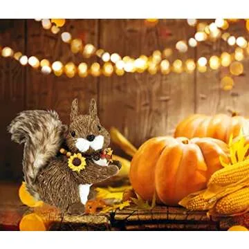 Nature Vibe 9 Inches Sisal Squirrel Decor with Fall Floral Garland for Fall Home Decor, Natural Woodland Animals Figurines as Harvest Festival Home Decorations or for Autumn