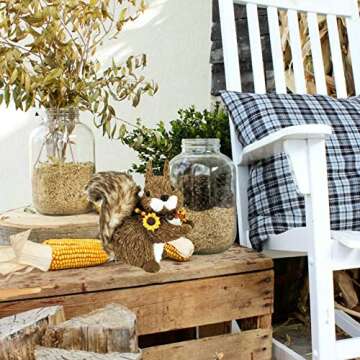 Nature Vibe 9 Inches Sisal Squirrel Decor with Fall Floral Garland for Fall Home Decor, Natural Woodland Animals Figurines as Harvest Festival Home Decorations or for Autumn