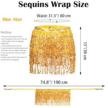 Women's Sequin Tassel Skirts Sparkly Rave Fringe Hip Scarf for Festival Costume(Gold)
