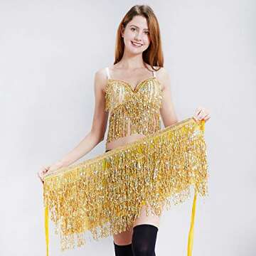 Women's Sequin Tassel Skirts Sparkly Rave Fringe Hip Scarf for Festival Costume(Gold)