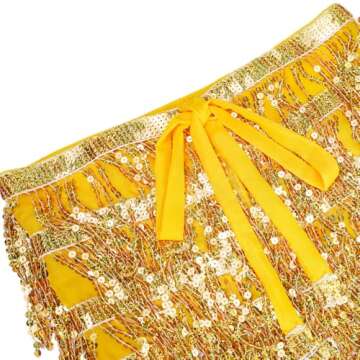 Women's Sequin Tassel Skirts Sparkly Rave Fringe Hip Scarf for Festival Costume(Gold)