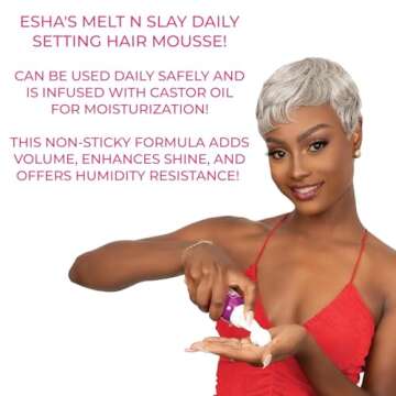 Esha Melt N Slay Daily Setting Hair Mousse - Tame Frizz Flyaways - Style - Long Lasting Hold - Moisturize (12 Fl oz)