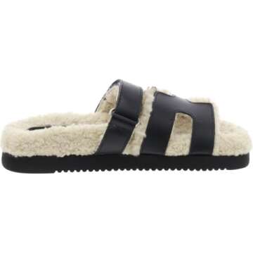 Steve Madden Women's Mayven Slide Sandal, Black Leather Fur, 8