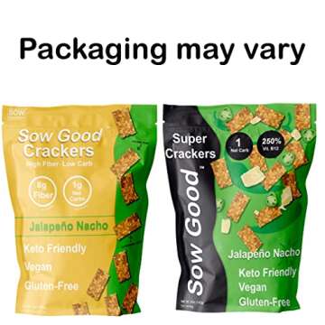 Sow Good Crackers - High Fiber, Low Carb, Gluten Free, and Vegan Keto Crackers with 8g of Fiber - 1 Net Carb*, Paleo Chips with Flax, Diabetic Friendly Diet Foods (Jalapeño Nacho, 2-Pack)