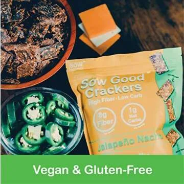 Sow Good Crackers - High Fiber, Low Carb, Gluten Free, and Vegan Keto Crackers with 8g of Fiber - 1 Net Carb*, Paleo Chips with Flax, Diabetic Friendly Diet Foods (Jalapeño Nacho, 2-Pack)