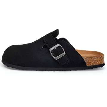 Torotto Womens Clogs Cork Footbed Suede Slippers Arch Support Potato Shoes with Adjustable Buckle(Black-39)
