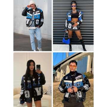 Vamtac Faux Leather Racing Jackets Varsity Bomber Coats Unisex Street With Pockets Black M