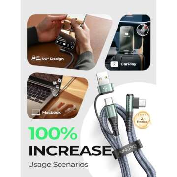 AINOPE 2-𝑷𝒂𝒄𝒌 USB C Cale Right Angle with USB to USB C Adapter,60W Fast Charging Cable f...