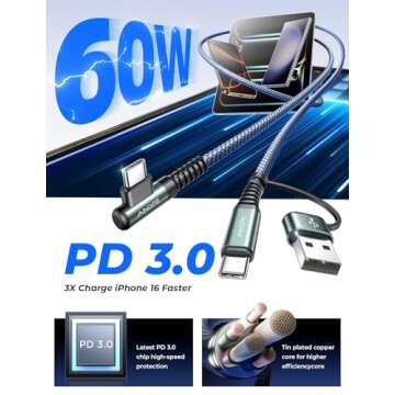 AINOPE 2-𝑷𝒂𝒄𝒌 USB C Cale Right Angle with USB to USB C Adapter,60W Fast Charging Cable for iPad and USB C to USB C Devices,6.6FT Carplay Type C Cable fit iPhone 16 15 Pro iPad Samsung Series