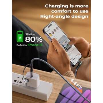 AINOPE 2-𝑷𝒂𝒄𝒌 USB C Cale Right Angle with USB to USB C Adapter,60W Fast Charging Cable for iPad and USB C to USB C Devices,6.6FT Carplay Type C Cable fit iPhone 16 15 Pro iPad Samsung Series