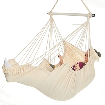 BDECORU Hanging Hammock Chair Swing - Outdoor & Indoor Hammock Swing Chairs for Outside or Inside of Home, Swing Hanging Chair with Footrest - Includes 2 Cushions, Storage Bag, & Hanging Kit - Beige