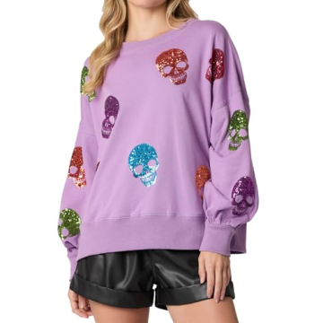 TACSTRUN Women's Halloween Sequin Sweatshirts Skeleton Spooky Ghost Graphic Long Sleeve Crewneck Pul...