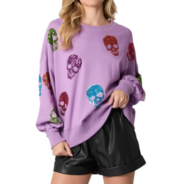 TACSTRUN Women's Halloween Sequin Sweatshirts Skeleton Spooky Ghost Graphic Long Sleeve Crewneck Pullover Sweater Tops,Purple,X-Large
