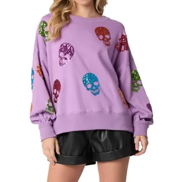 TACSTRUN Women's Halloween Sequin Sweatshirts Skeleton Spooky Ghost Graphic Long Sleeve Crewneck Pullover Sweater Tops,Purple,X-Large