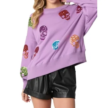 TACSTRUN Women's Halloween Sequin Sweatshirts Skeleton Spooky Ghost Graphic Long Sleeve Crewneck Pullover Sweater Tops,Purple,X-Large
