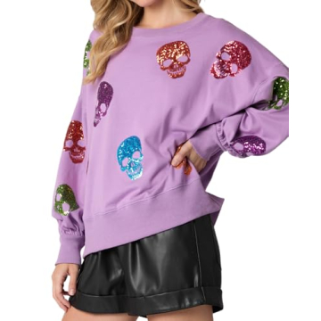 TACSTRUN Women's Halloween Sequin Sweatshirts Skeleton Spooky Ghost Graphic Long Sleeve Crewneck Pullover Sweater Tops,Purple,X-Large