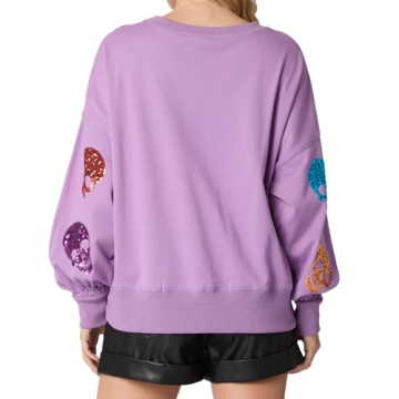 TACSTRUN Women's Halloween Sequin Sweatshirts Skeleton Spooky Ghost Graphic Long Sleeve Crewneck Pullover Sweater Tops,Purple,X-Large