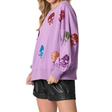 TACSTRUN Women's Halloween Sequin Sweatshirts Skeleton Spooky Ghost Graphic Long Sleeve Crewneck Pullover Sweater Tops,Purple,X-Large