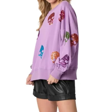 TACSTRUN Women's Halloween Sequin Sweatshirts Skeleton Spooky Ghost Graphic Long Sleeve Crewneck Pullover Sweater Tops,Purple,X-Large