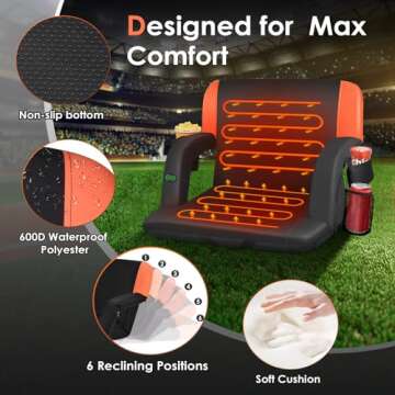 HOPERAN 25" Dual-Sided Heated Stadium Seats for Bleachers with Back Support, 3 Levels Heating Bleacher Seats with Backs and Cushion Wide, 5 Pockets Portable Stadium Chair for Outdoor Games Sports