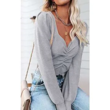 PRETTYGARDEN Fall Long Sleeve Cropped Sweaters for Women 2024 Off The Shoulder V Neck Ruched Ribbed Knit Going Out Tops (Grey, Medium)