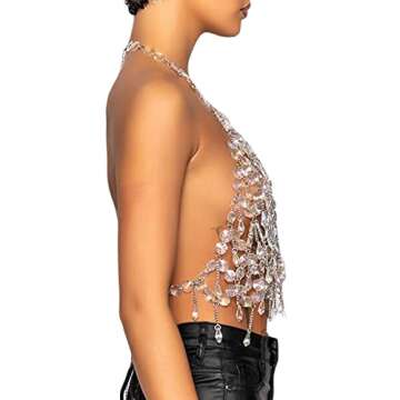 Women Sexy Pearl Beaded Cami Top Clubwear V Neck Spaghetti Strap Pearl Vest Bralette Sexy Backless Camisole Party Crop Top