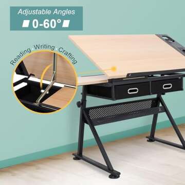 ZENY Drafting Table Art Desk Drawing Table Height Adjustable Artist Table Tilted Tabletop w/Drafting Stool and Storage Drawer for Reading, Writing, Crafting, Painting Art