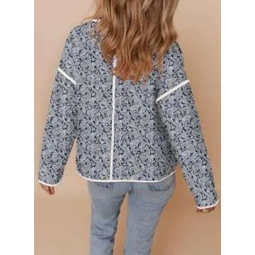 Dokotoo Winter Fall 2024 Jackets Coats for Women Stylish Casual Long Sleeve Button Down Floral Print Puffer Jacket Stand Collar Comfy Padded Quilted Jackets Coats Outwear with Pockets Sky Blue Medium