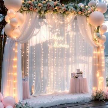 20×8ft White Tulle Backdrop Curtains with Lights