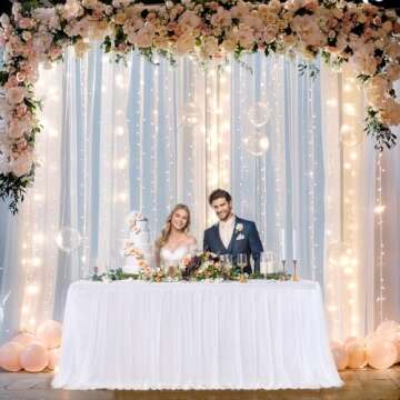 20×8ft White Tulle Backdrop Curtains with Lights