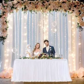 20×8ft White Tulle Backdrop Curtains with Lights