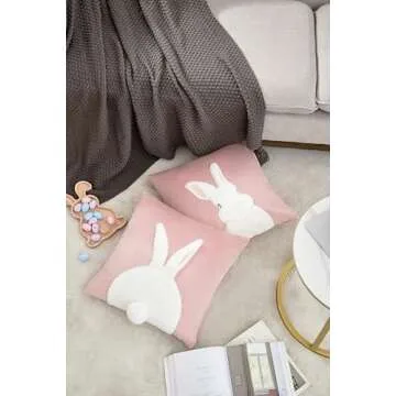 Arciveberg Pack of 2 Spring Easter Pillow Covers 18x18 Inch,3D Embroidered Bunny Rabbit Throw Pillowcase Velvet Easter Decorative Throw Covers Cushion Cover (Pink-2PCS)