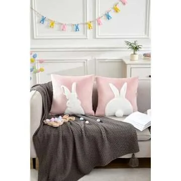 Arciveberg Pack of 2 Spring Easter Pillow Covers 18x18 Inch,3D Embroidered Bunny Rabbit Throw Pillowcase Velvet Easter Decorative Throw Covers Cushion Cover (Pink-2PCS)