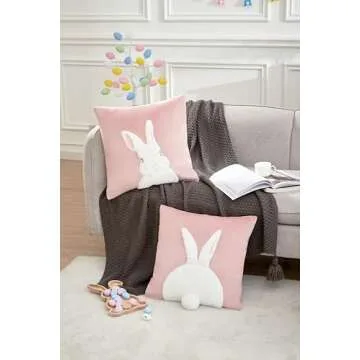 Arciveberg Pack of 2 Spring Easter Pillow Covers 18x18 Inch,3D Embroidered Bunny Rabbit Throw Pillowcase Velvet Easter Decorative Throw Covers Cushion Cover (Pink-2PCS)