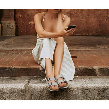 ONCAI Womens Comfortable Sandals Knock Off Clogs Sandals Women Dressy Summer Flat with Arch Support Two Strap Slip On Adjustable Buckle Slides Shoes for Women White Size 7.5